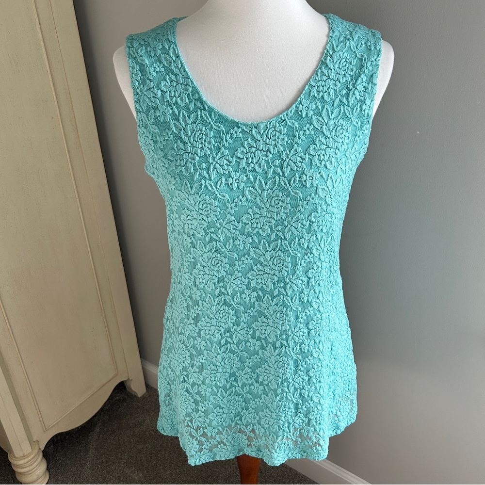 Susan Graver Stretch Lace Peplum Sleeveless Top - Aqua